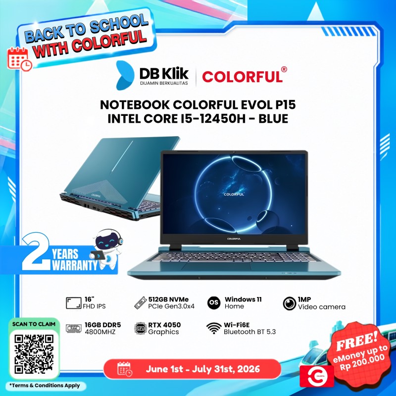 Notebook COLORFUL EVOL P15 INTEL Core i5-12450H 16GB DDR5/512GB M.2 NVMe RTX 4050 6GB Windows 11 Home NO OHS 16" FHD IPS - Blue