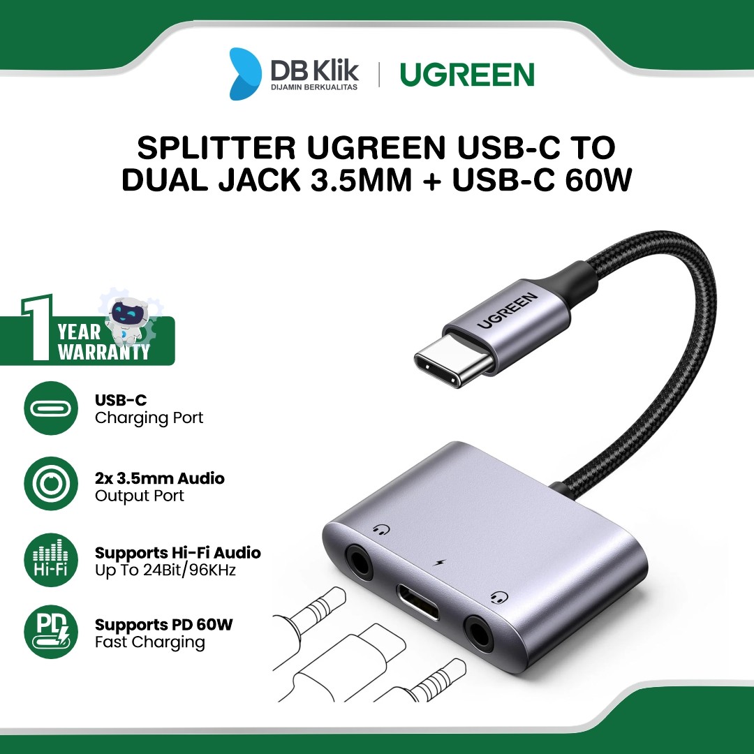 Splitter Audio Adapter UGreen Type-C To Dual Jack 3,5MM + PD Usb-C 60W (25838)
