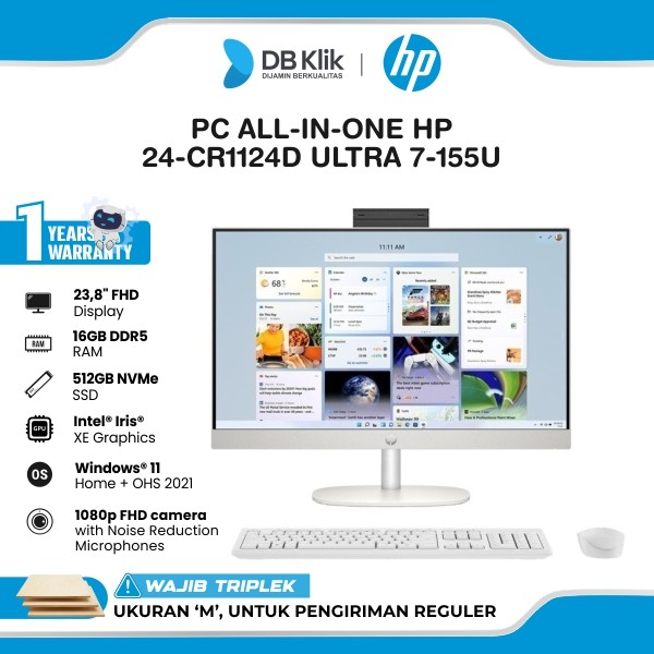 Pc Aio HP 24-CR1124D Core Ultra 7-155U 16Gb 512Gb Ssd No Dvd Windows 11 Home + Office Home Student 2021 23,8" Fhd White