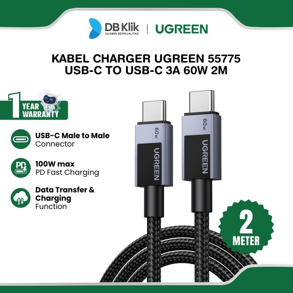 Kabel Charger UGreen USB-C to USB-C 3A 60W Kabel Nylon 2M - Space Grey (55775)
