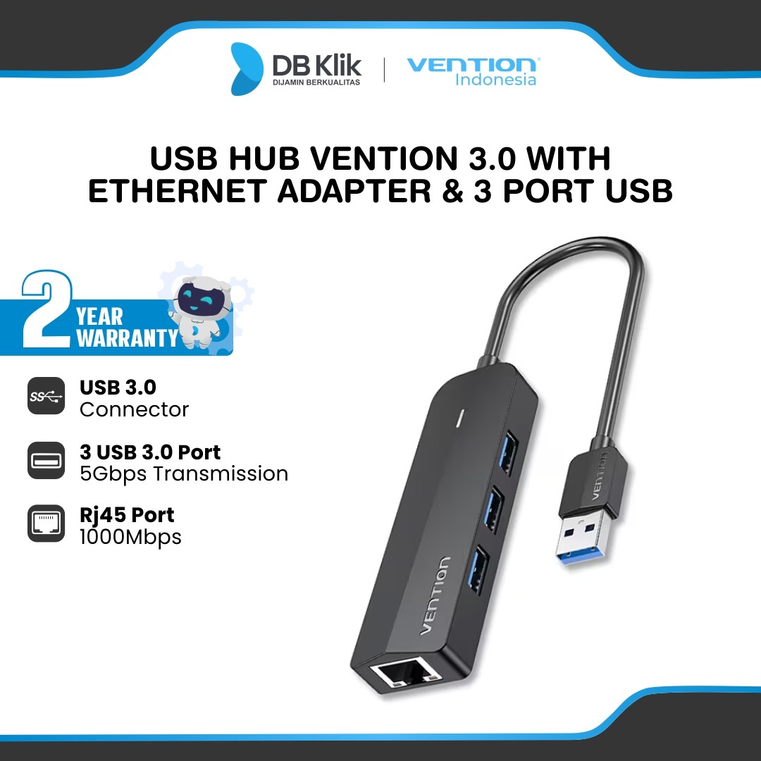 USB Hub Vention 3.0 With Gigabit Ethernet Adapter & 3 Port USB - USB Hub Gigabit Ethernet & 3 Port USB Black CHNBB