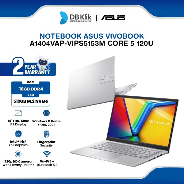 Notebook ASUS Vivobook A1404VAP-VIPS5153M INTEL Core 5 120U 16GB DDR4/512GB M.2 NVMe INTEL Iris Xe Windows 11 Home + Microsoft Office Home Student 2024 14" IPS - Cool Silver