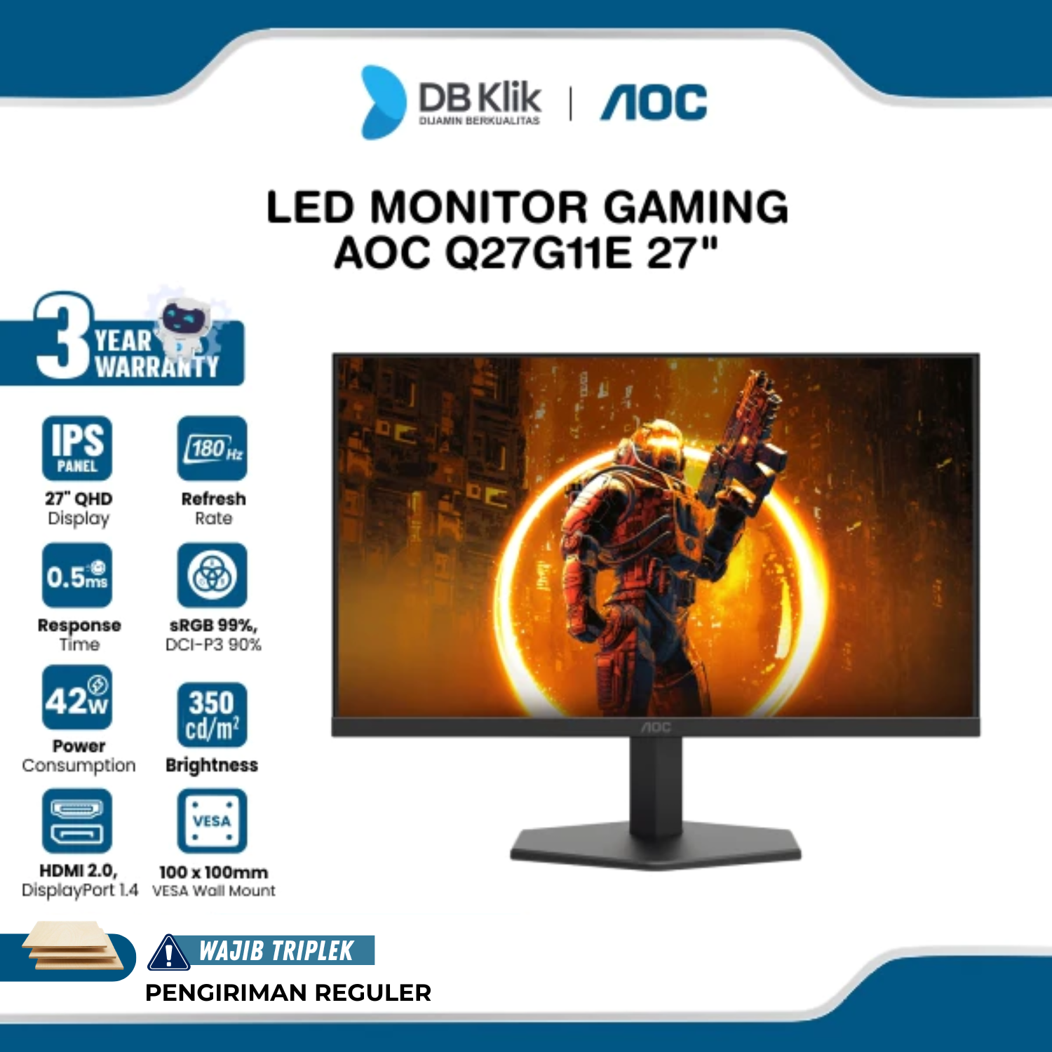 LED Monitor Gaming AOC Q27G11E 27" IPS 2K QHD 180Hz 0.5ms Adaptive Sync HDMI DP