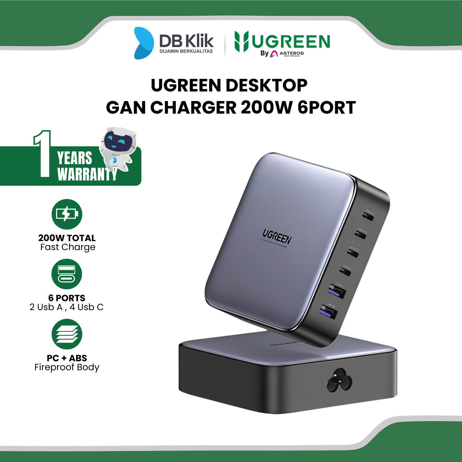 Desktop GAN Charger UGreen 200W 6Port (2x USB A , 4x USB C) (40914)