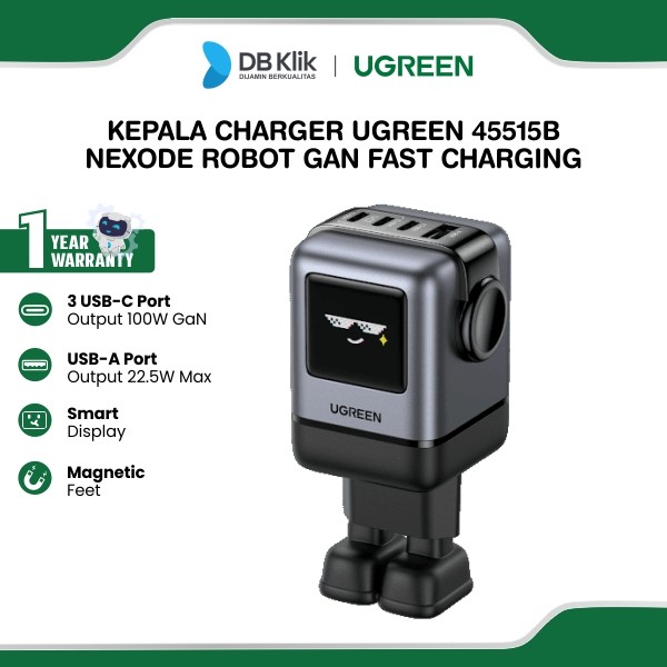 Kepala Charger UGreen Uno Series Robot Smart Display GAN PD Fast Charging 100W USB C USB A - Gray (45515B)