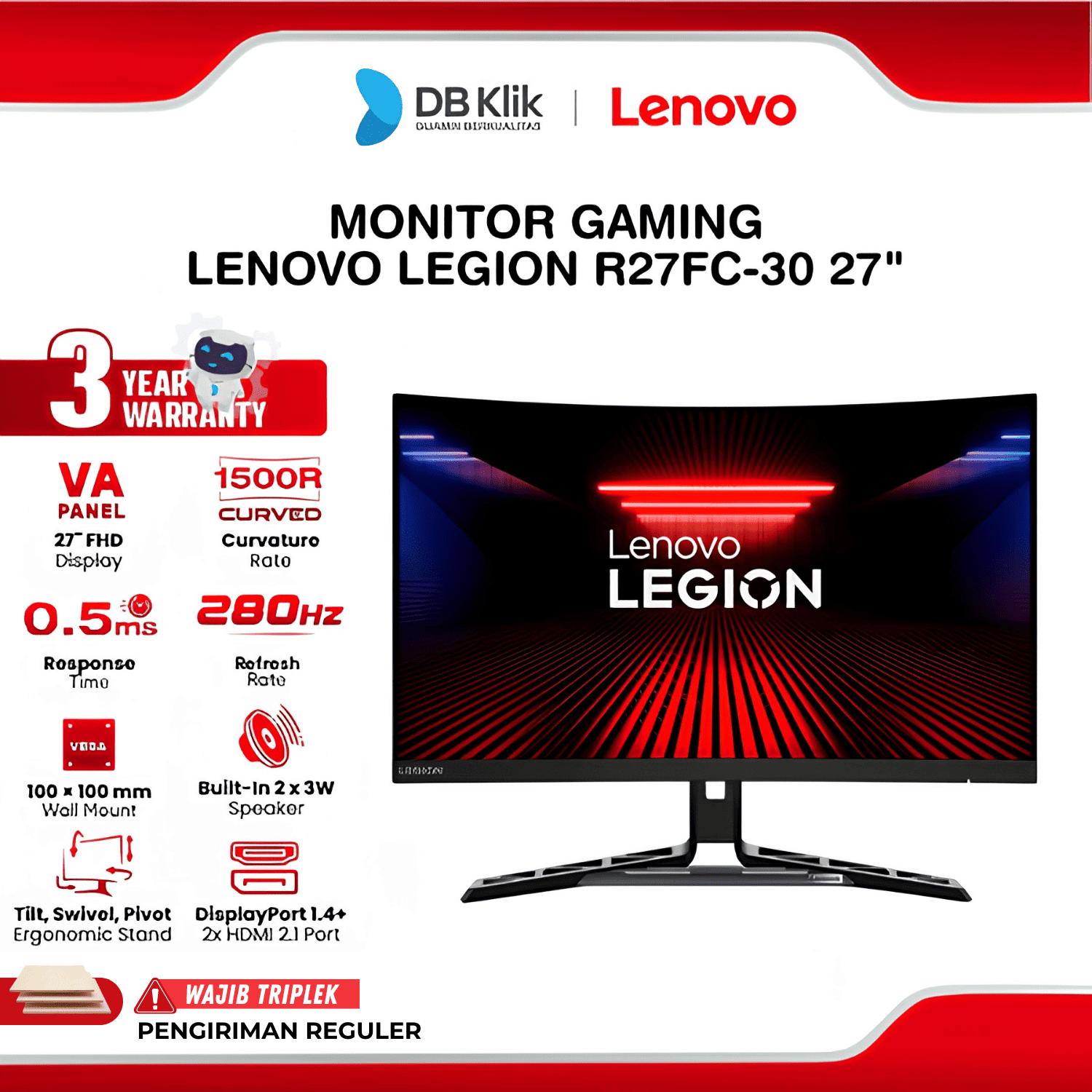 Monitor Gaming LENOVO Legion R27FC-30 27" Curved 1500R FHD VA 280Hz 0,5ms AMD FreeSync Premium Built in Speaker Full Ergonomic Stand HDMI DP
