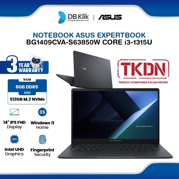Notebook Asus Expertbook BG1409CVA-S63850W INTEL Core i3-1315U 8GB DDR5/512GB M.2 NVMe INTEL UHD Windows 11 Home 14" IPS FHD TKDN