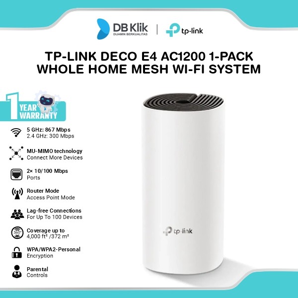 TP Link DECO E4 AC1200 Whole Home Mesh Wi-Fi System - TPLink DECO E4 - 1-PACK