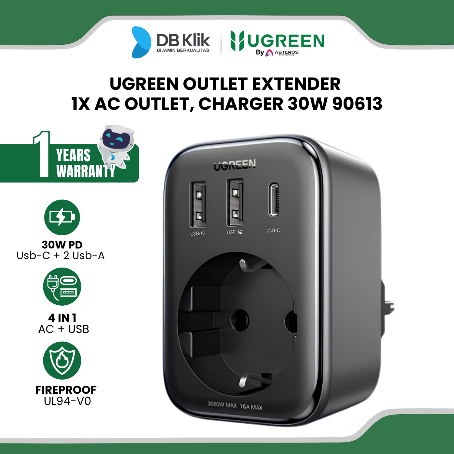 Outlet Extender UGreen 1x AC Outlet, Charger 30W USB-C + 2 USB-A 90613