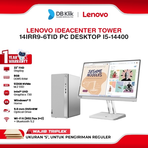 PC Desktop Lenovo IdeaCenter Tower 14IRR9-6TID INTEL Core i5-14400 8GB DDR5/512GB M.2 NVMe INTEL UHD Windows 11 Home with LED Monitor Lenovo L22-4e 22" FHD - Cloud Grey