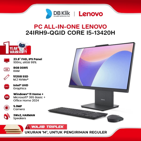 Lenovo PC AIO 24IRH9-QGID INTEL Core i5-13420H 8GB DDR5/512GB M.2 NVMe INTEL UHD Windows 11 Home + Office Home Student 2024 23.8" FHD IPS - Luna Grey