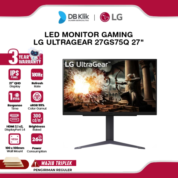 Monitor Gaming LG UltraGear 27GS75Q 27" 2K QHD IPS 180Hz 1ms AMD FreeSync + NVIDIA G-Sync Full Ergonomic Stand HDR10 HDMI DP