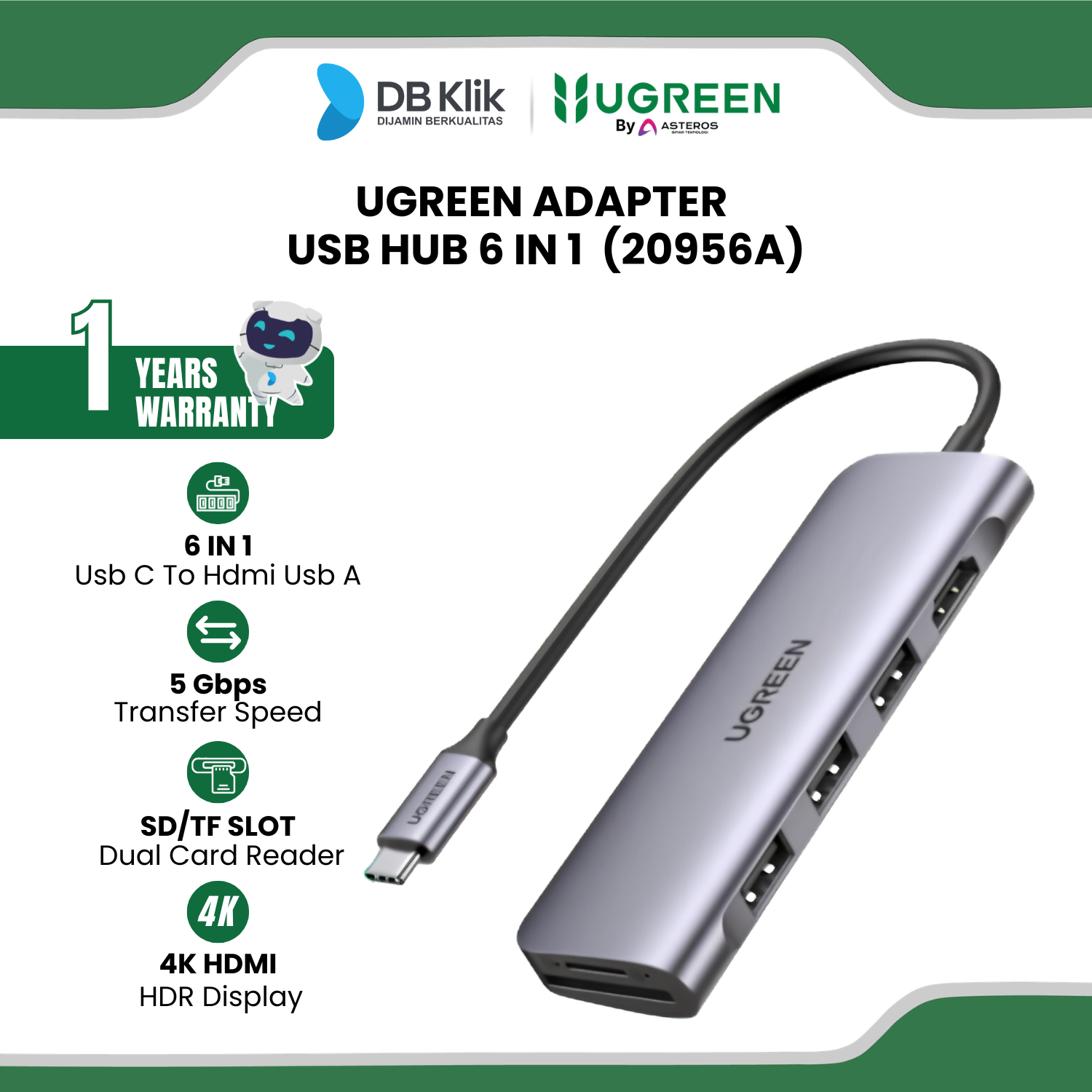 Adapter USB Hub UGreen 6 in 1 USB C to HDMI USB A Card Reader (20956A)