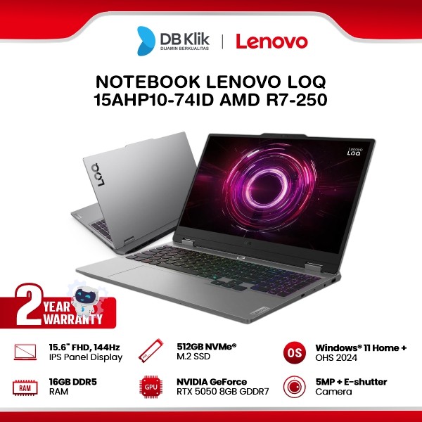 Notebook Lenovo LOQ 15AHP10-74ID AMD R7-250 16GB DDR5/512GB M.2 NVMe NVIDIA GeForce RTX 5050 8GB Windows 11 Home + Office Home Student 2024 15.6" FHD IPS - Luna Grey