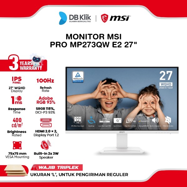 Monitor MSI PRO MP273QW E2 27" 2K WQHD IPS 100Hz 1ms Adaptive Sync Built in Speaker HDMI DP