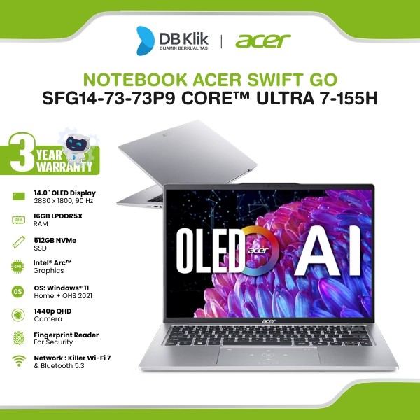 Notebook ACER Swift Go SFG14-73-73P9 Core Ultra 7-155H 16GB/512GB Windows 11 Home / OHS 2021 / 14 Inch Touch