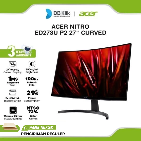 Monitor Gaming ACER Nitro ED273U P2 27" Curved 1500R 2K WQHD VA 180Hz 1ms AMD  FreeSync HDR10 Built in Speaker HDMI DP