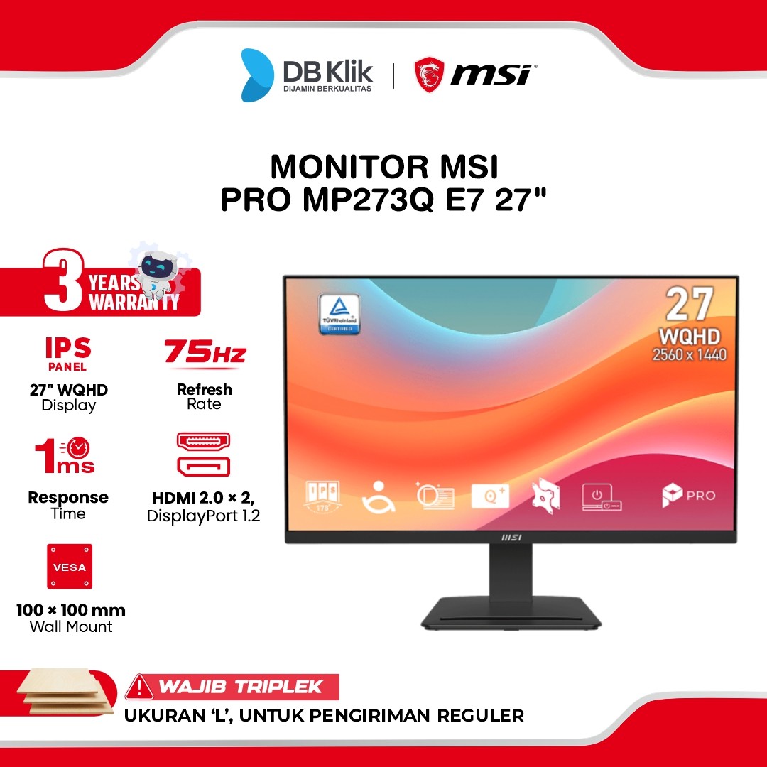 MSI PRO MP273Q E7 Monitor LED 27" IPS 2K WQHD 75Hz 1ms HDR HDMI DP