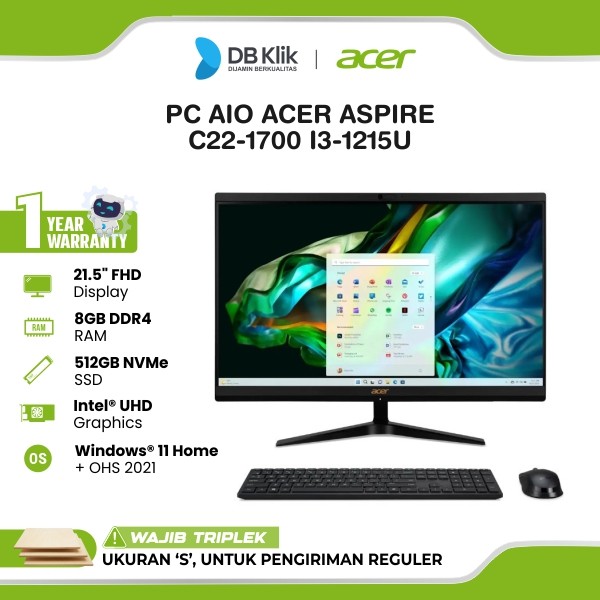 PC AIO ACER Aspire C22-1700 i3-1215U 8GB/512GB Windows 11 Home + Office Home Student 2021 21.5" IPS FHD