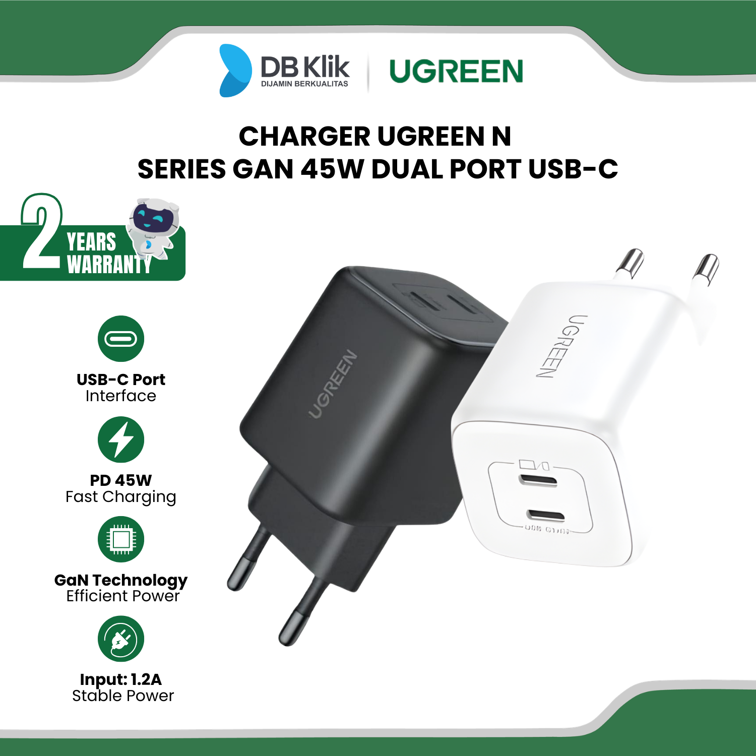 Charger UGreen N Series Gan 45W Dual Port USB-C