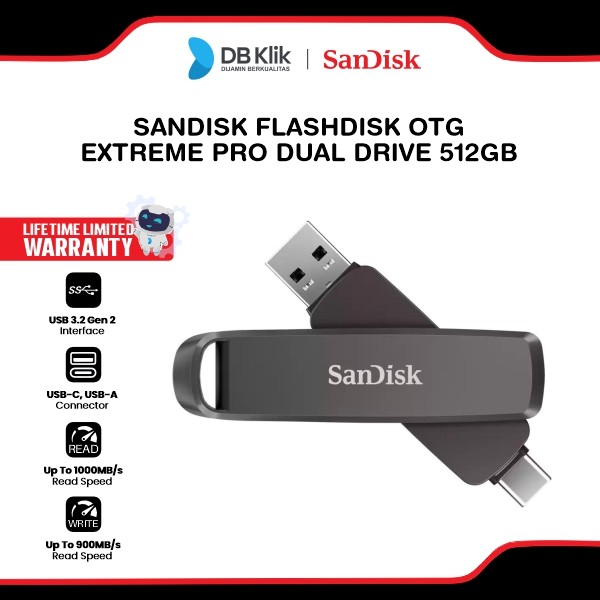 Sandisk Extreme Pro Dual Drive Flashdisk 512GB OTG USB 3.2 Gen 2 USB-C  (SDDDE1-512G-G46)