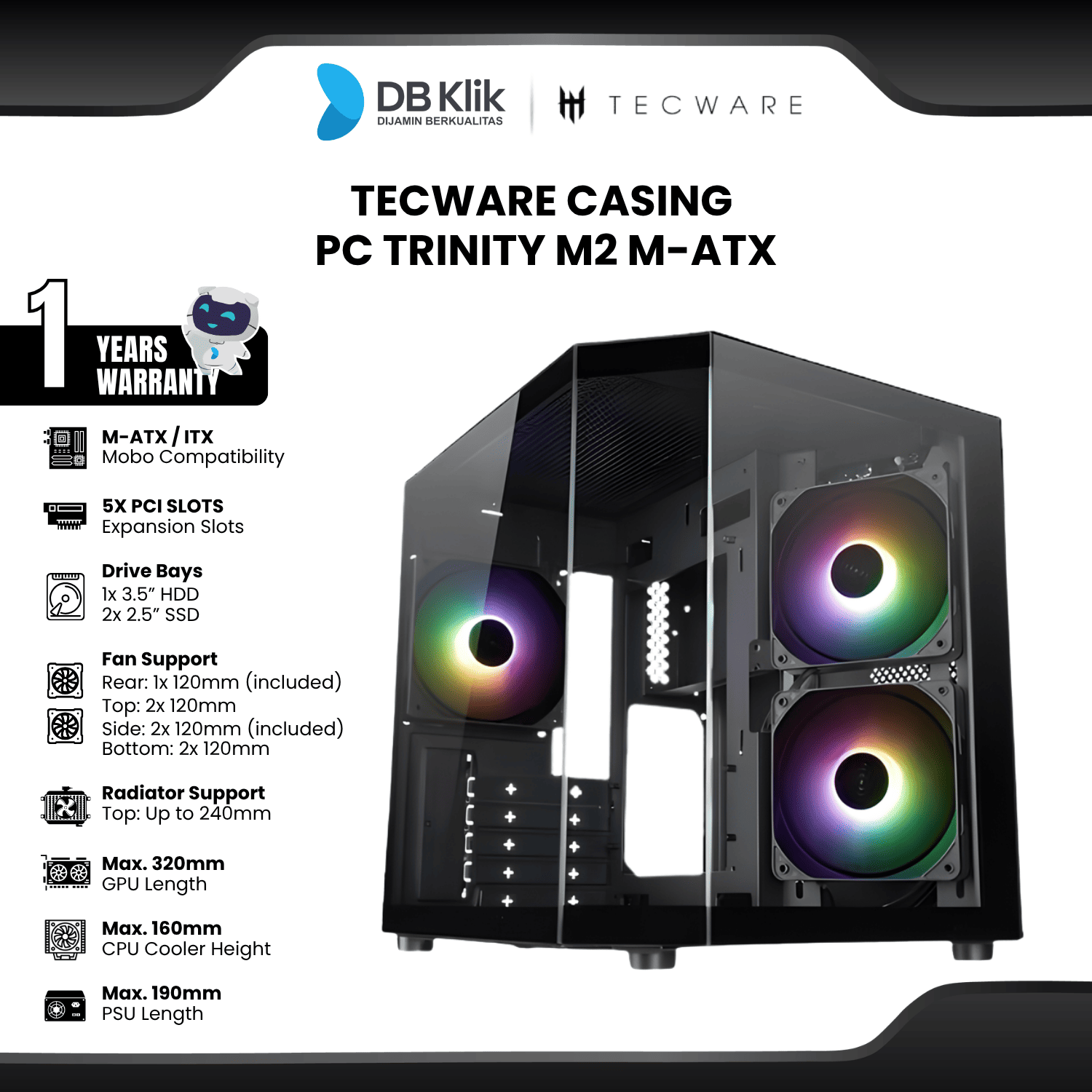 Tecware Casing PC Trinity M2 M-ATX Pre-Installed 3 ARGB Fan - Black