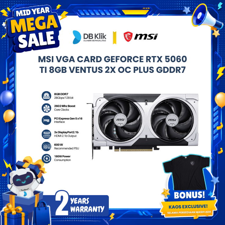 MSI VGA Card GeForce RTX 5060 Ti 8GB VENTUS 2X OC PLUS GDDR7 - VGA RTX 5060 Ti