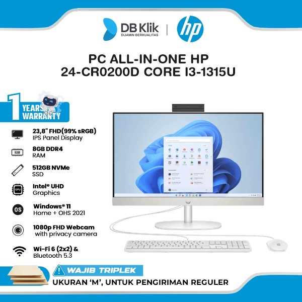 HP 24-cr0200d PC AIO INTEL Core i3-1315U 8GB DDR5/512GB M.2 NVMe INTEL UHD Windows 11 Home + Office Home Student 2021 23.8" FHD IPS - Shell White