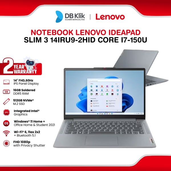 Notebook Lenovo IdeaPad Slim 3 14IRU9-2HID Core i7-150U 16Gb 512Gb Windows 11 Home + Office Home Student 2021 14" FHD IPS 83E5002HID Arctic Grey