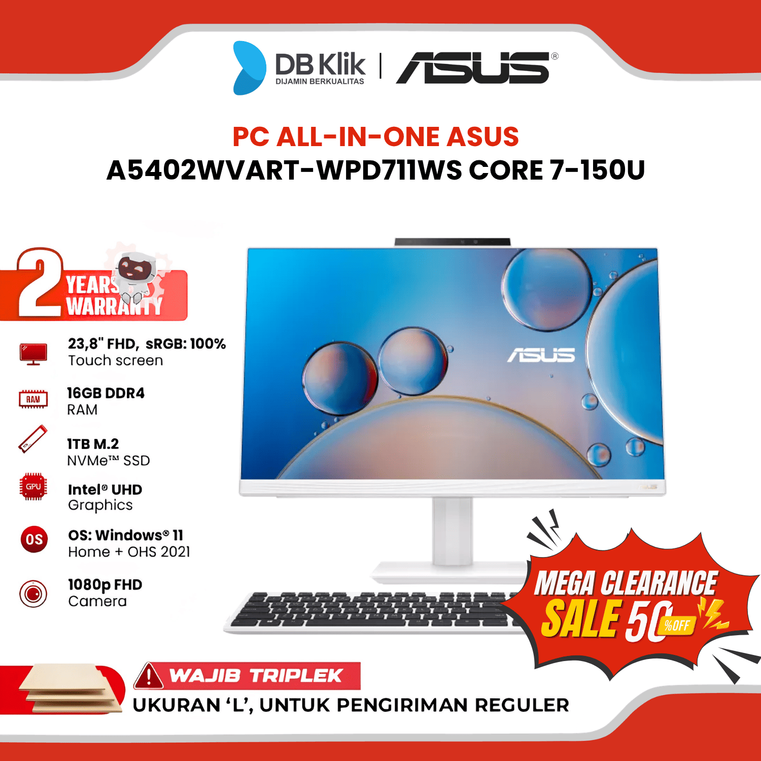 PC AIO ASUS A5402WVART-WPD711WS INTEL Core 7-150U 16GB (8x2) DDR4/1TB M.2 INTEL UHD Windows 11 Home + Office Home Student 2021 23.8" FHD Touch Screen