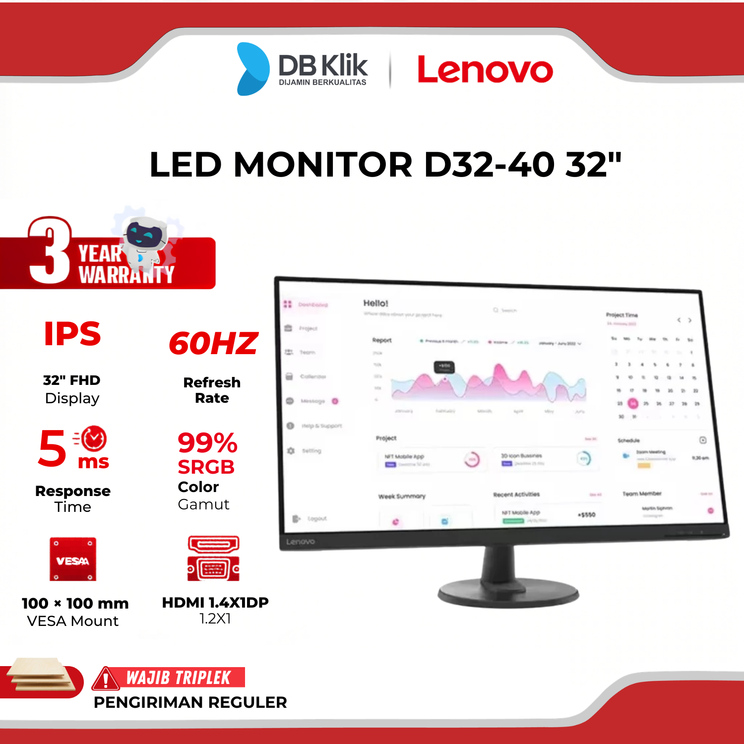 LED Monitor LENOVO D32-40 31.5" 60Hz VA FHD HMDI DP - LENOVO D32 40