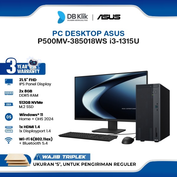 PC Desktop ASUS P500MV-3850181WS INTEL Core i3-1315U 8GB DDR5/SSD 512GB M.2 NVMe INTEL UHD Windows 11 Home + Office Home Student 2024 with LED Monitor ASUS C2221HF 21.5 Inch FHD IPS
