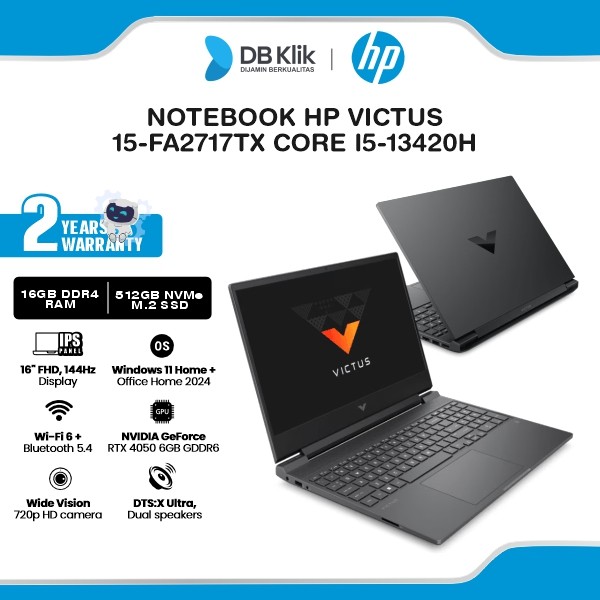 Notebook HP Victus 15-FA2717TX INTEL Core i5-13420H 16GB DDR4/512GB M.2 NVMe RTX 4050 6GB Windows 11 Home + Microsoft Office Home Student 2024 16" IPS FHD 144Hz - Mica Silver