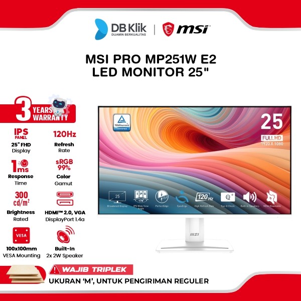 MSI PRO MP251W E2 LED Monitor 25" IPS FHD 120Hz 1ms Adaptive Sync HDR Built In Speaker HDMI VGA DP