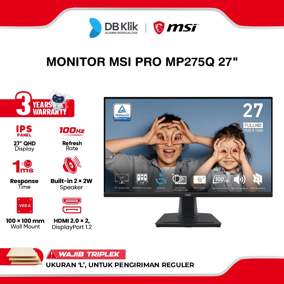 Monitor MSI MP275Q 27" 2K WQHD IPS 100Hz 1ms Adaptive Sync Built in Speaker HDMI DP