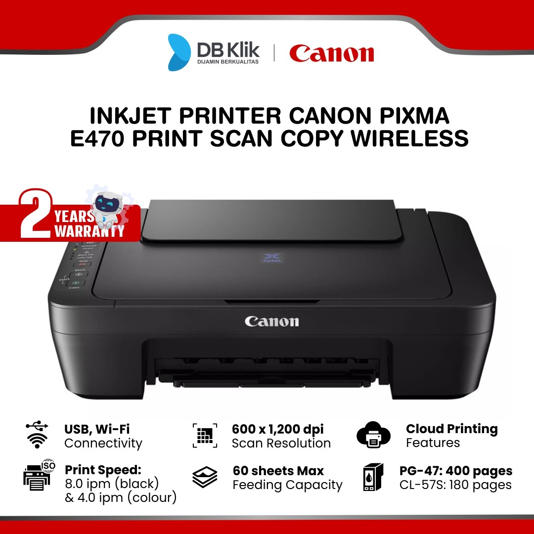 Printer Canon Pixma E470 Inkjet Print Scan Copy Wireless All in One