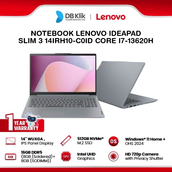Notebook Lenovo Ideapad Slim 3 14IRH10-C0ID INTEL Core i7-13620H 16GB DDR5/512GB M.2 INTEL UHD Windows 11 Home + Microsoft Office Home Student 2024 14" IPS WUXGA - Luna Grey