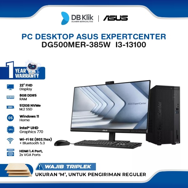 Asus ExpertCenter DG500MER-385W PC Desktop INTEL Core i3-13100 8GB DDR5/512GB M.2 NVMe INTEL UHD Windows 11 Home with LED Monitor Asus C2221HF 22" FHD - Black