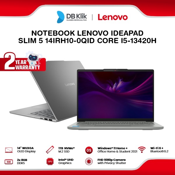 Notebook Lenovo Ideapad Slim 5 14IRH10-0QID Intel Core i5-13420H 16GB (2x8GB) DDR5/1TB M.2 NVMe Windows 11 Home + Microsoft Office Home Student 2021 14" OLED WUXGA - Luna Grey