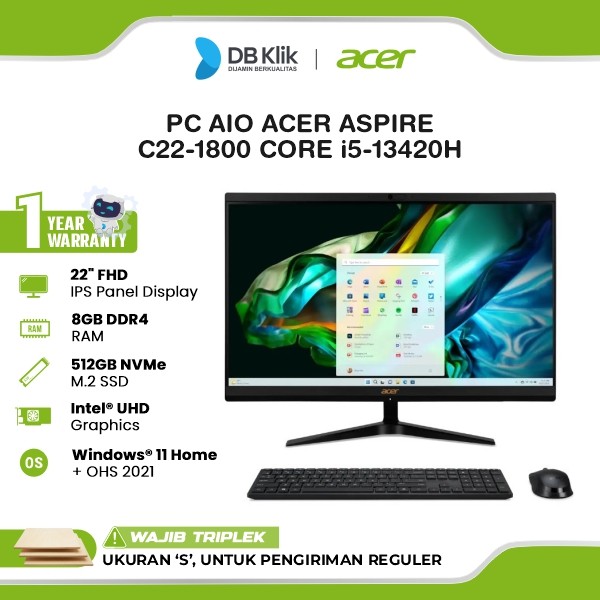 Acer C22-1800 PC AIO 22" INTEL Core i5-13420H 8GB DDR4/512GB M.2 NVMe INTEL UHD Windows 11 Home + Microsoft Office Home Student 2024