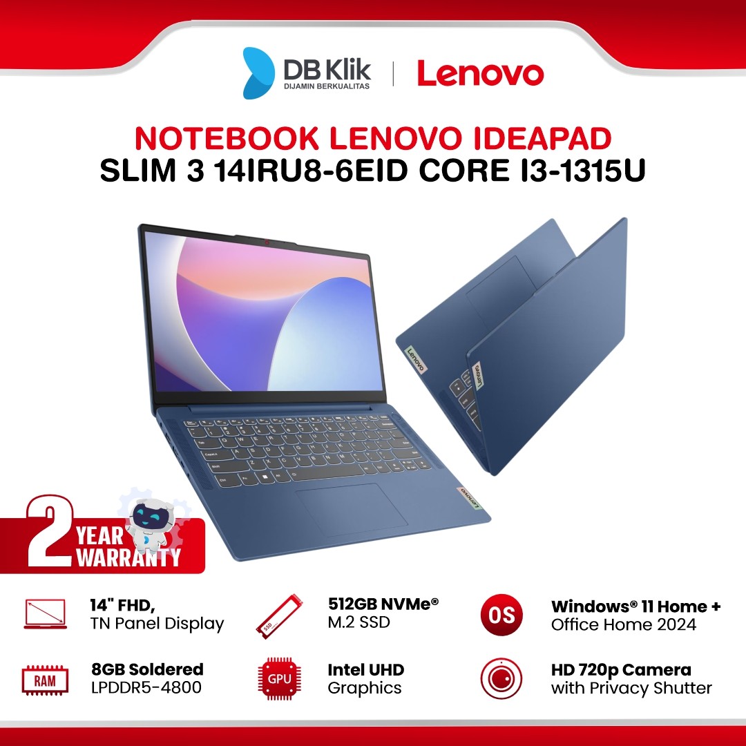 Notebook Lenovo Ideapad Slim 3 14IRU8-6EID INTEL Core i3-1315U 8GB DDR5/512GB M.2 NVMe INTEL UHD Windows 11 Home + Microsoft Office Home Student 2024 14" FHD - Abyss Blue