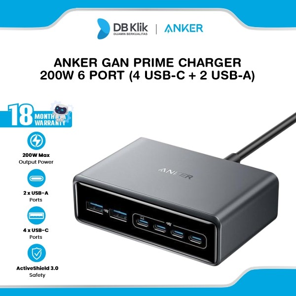 Anker GaN Prime Charger 200W 6 Port (4 USB-C + 2 USB-A) - Silver (A2683341)