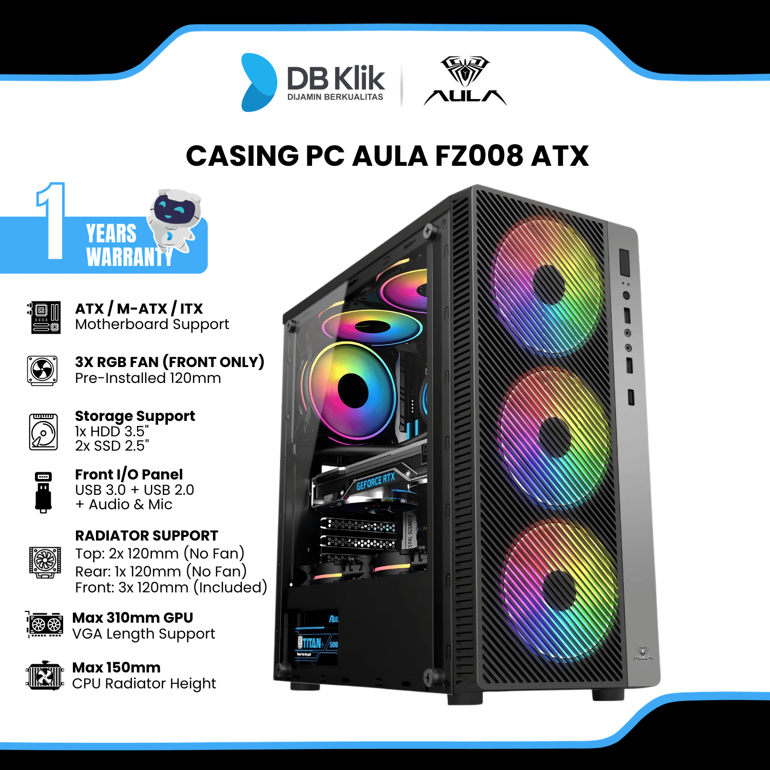 Casing PC AULA FZ008 ATX (Pre-Installed 3 RGB Fan)