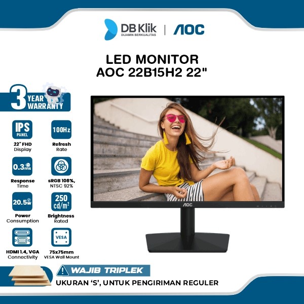LED Monitor AOC 22B15H2 22" IPS FHD 100Hz 4ms Adaptive Sync HDMI VGA
