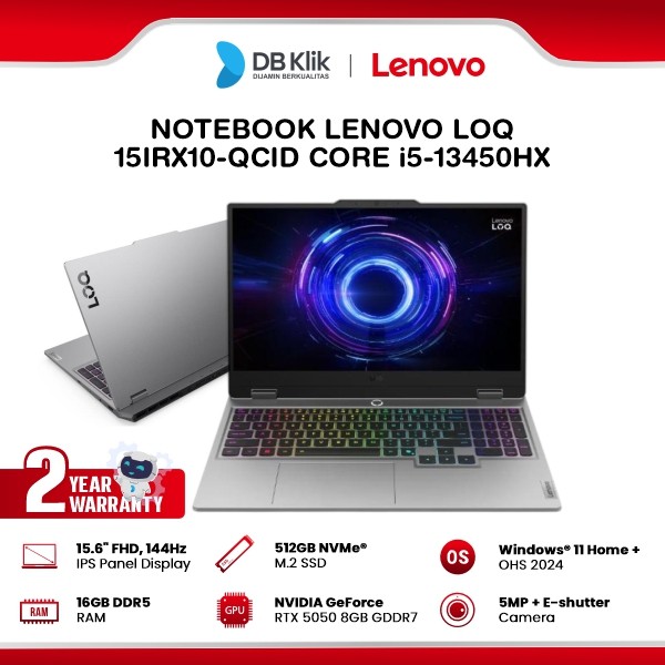 Notebook Lenovo LOQ 15IRX10-QCID INTEL Core i5-13450HX 16GB DDR5/512GB M.2 NVMe NVIDIA GeForce RTX 5050 8GB Windows 11 Home + Office Home Student 2024 15.6" FHD IPS - Luna Grey