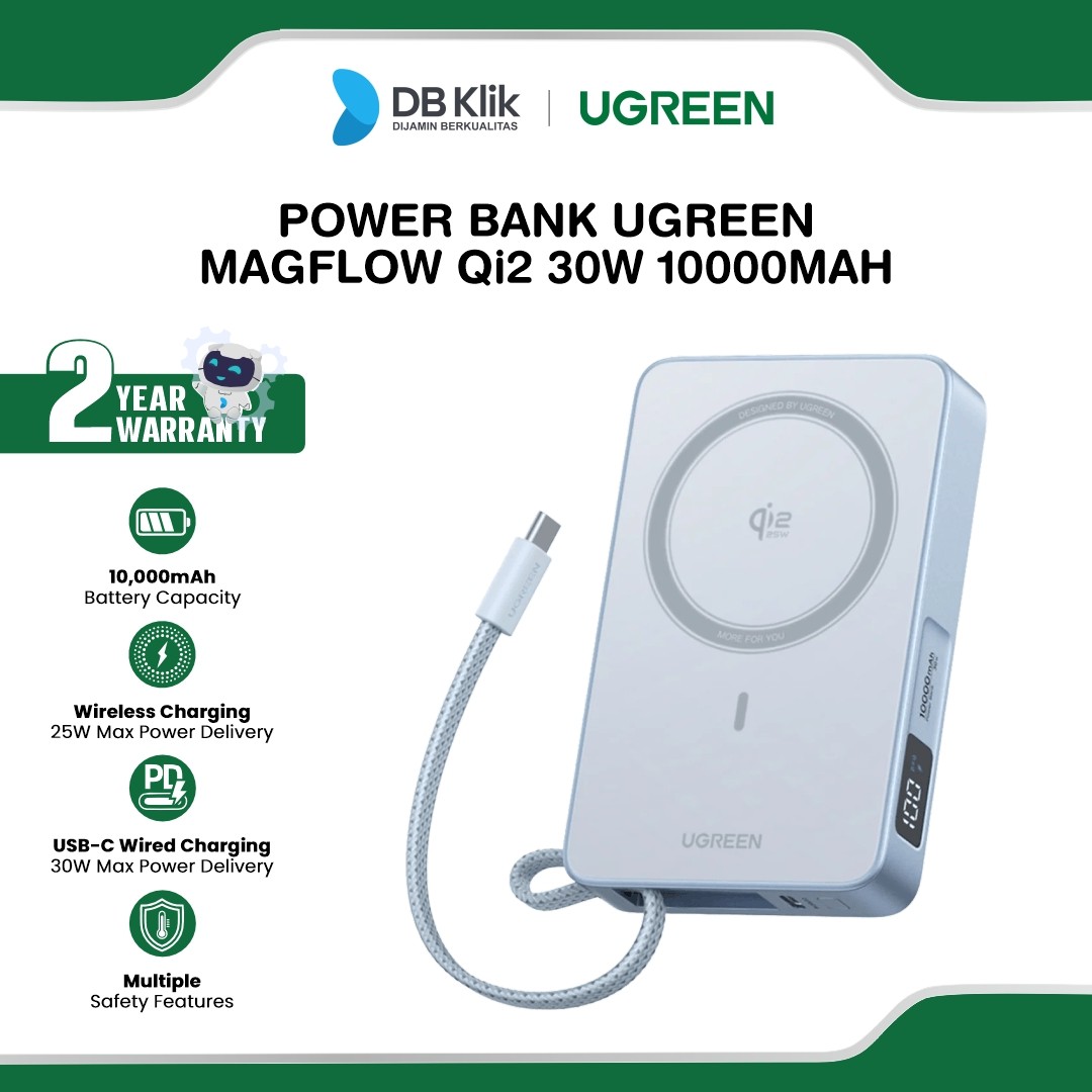 Power Bank UGreen MagFlow QI2 30W 10000mAh Built in USB-C Cable - Silver / 65958b