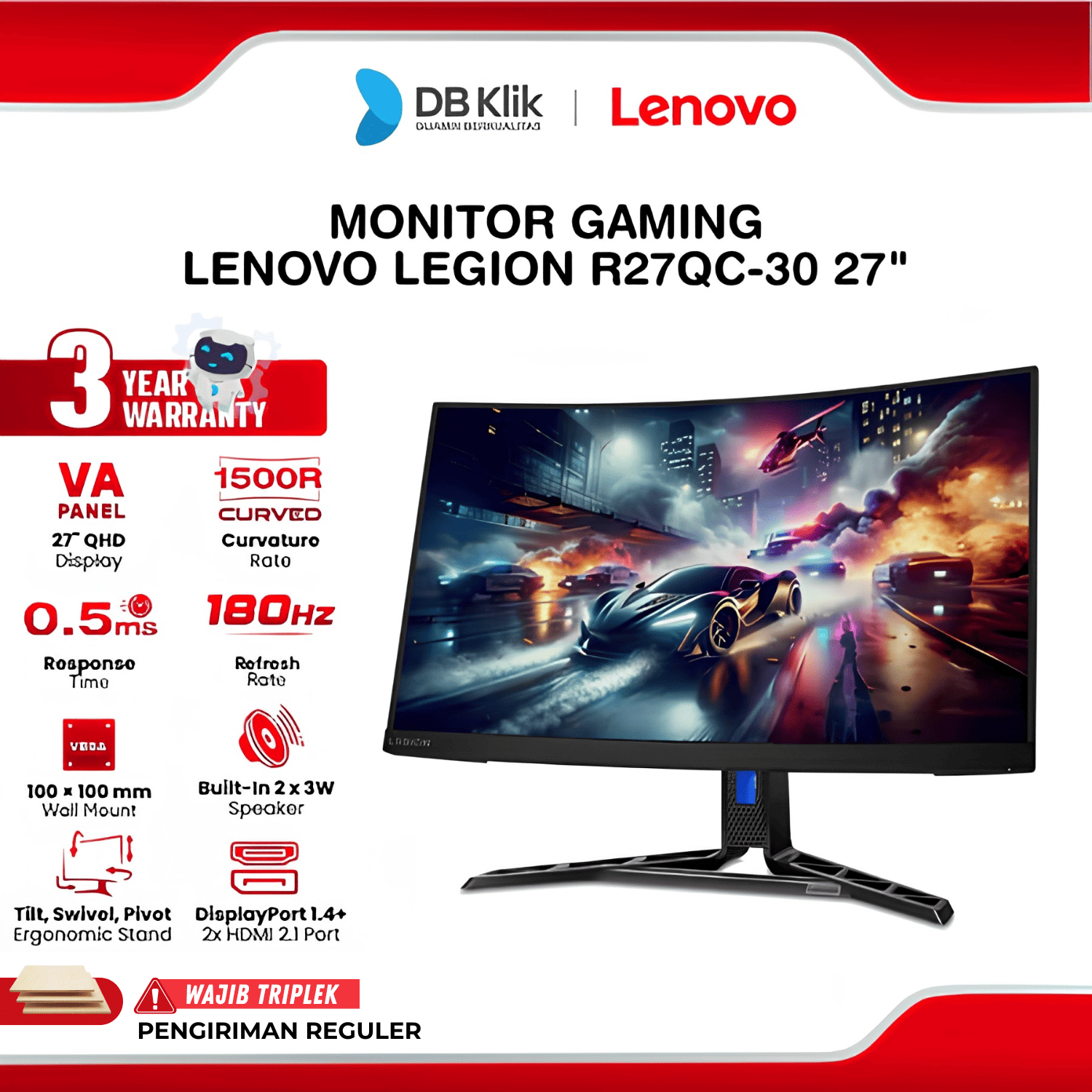 Monitor Gaming LENOVO Legion R27qc-30 27" Curve 1500R 2K QHD VA 180Hz 0.5ms AMD FreeSync HDR10 Built in Speaker Full Ergonomic Stand HDMI DP