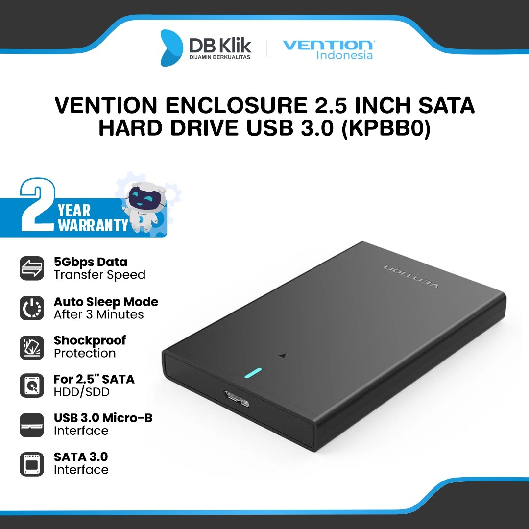 Vention Enclosure 2.5 Inch SATA Hard Drive USB-A 3.0 to USB-B 3.0 - Black (KPAB0)