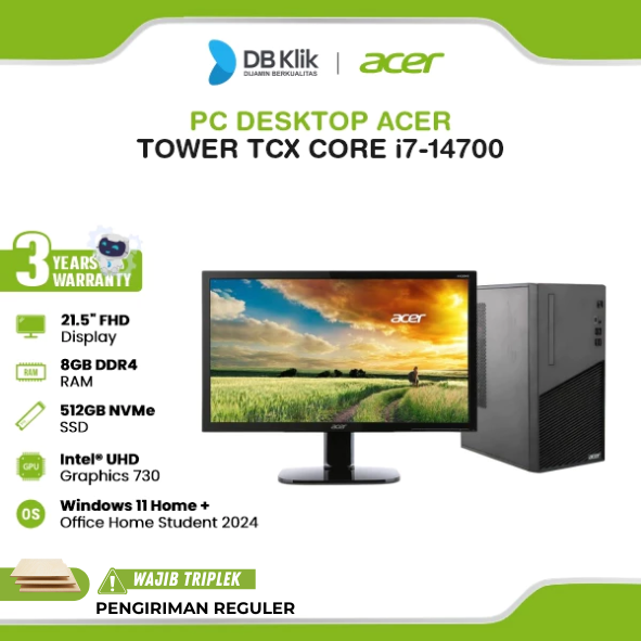 Acer Tower TCX PC Desktop INTEL Core i7-14700 8GB DDR4/512GB M.2 NVMe INTEL UHD Windows 11 Home + Microsoft Office Home Student 2024 with LED Monitor Acer V 21.5" FHD