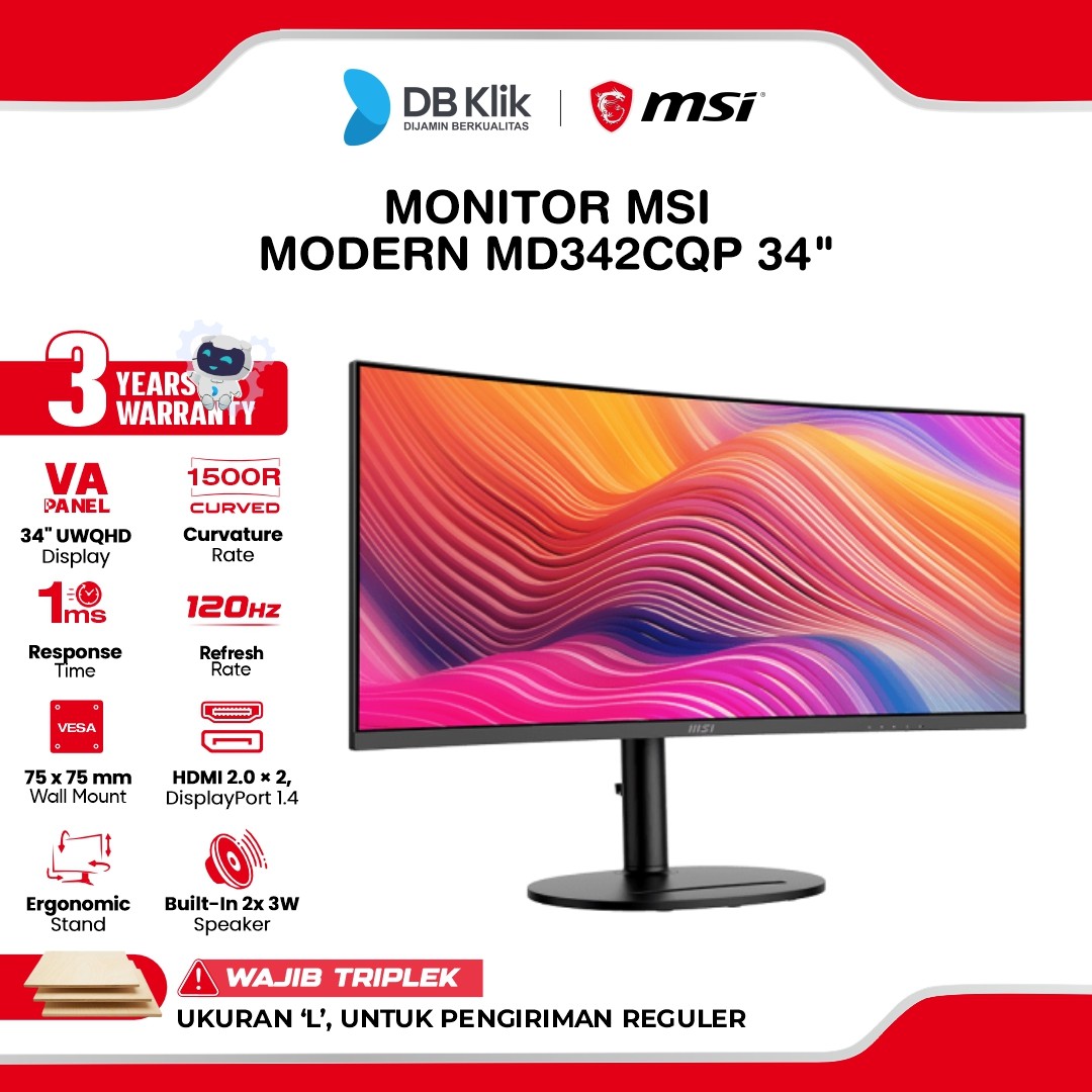 Monitor MSI Modern MD342CQP 34" Curved 1500R 2K UWQHD VA 120Hz 1ms Adaptive Sync HDR Ready Built In Speaker HDMI USB-C DP